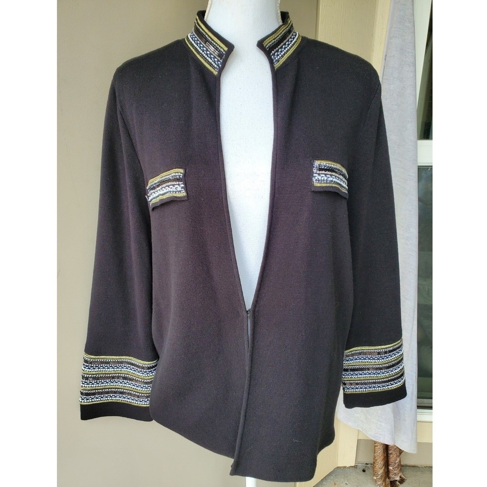 Chicos Womens XL Black Knit Cardigan Jacket Metallic‎ Beaded Trim Open Front